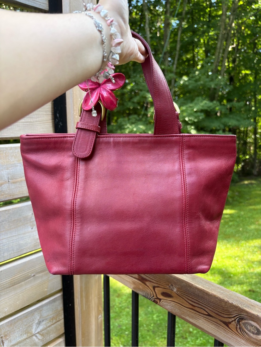 Coach Burgundy Leather Mini Tote with Gold Cherry Charm & Pink Flower Clip - Picture 2 of 6